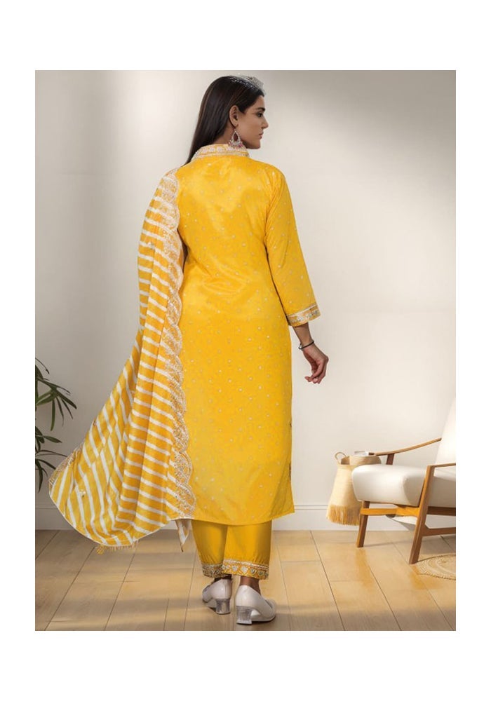 Malishka Export Chanderi Embroidery Yellow Kurta Pant With Dupatta for Women - Image 2
